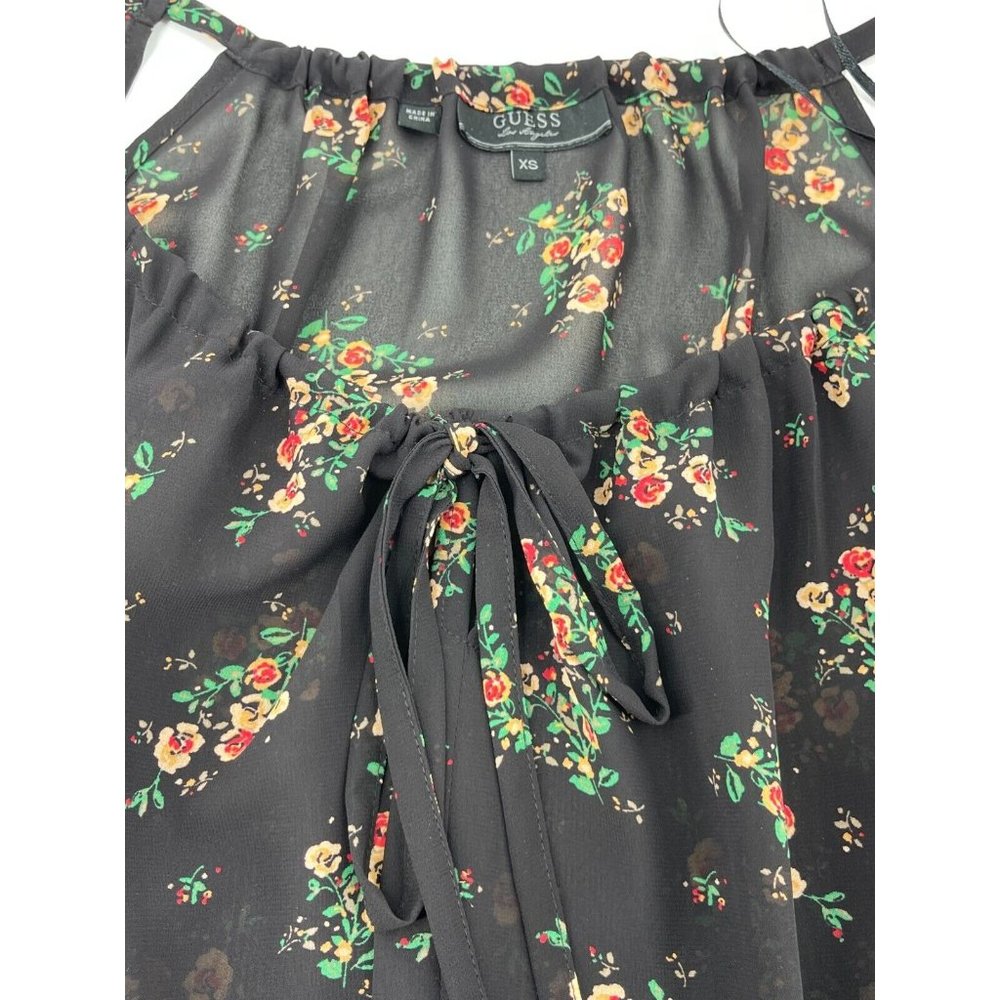 Guess Women's Sheer Short Sleeve Black Floral Peasant Boho Top Blouse Size XS - Picture 11 of 15